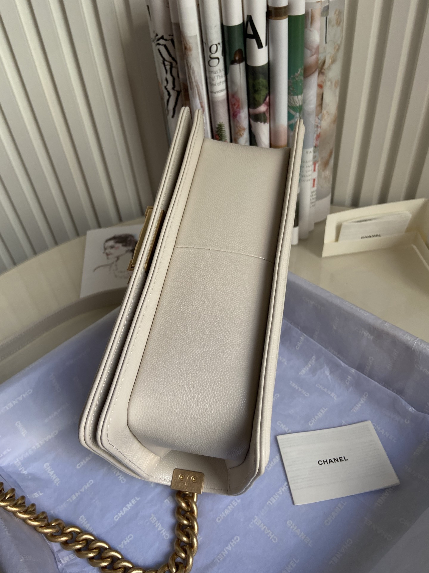 boy Ch*el handbag shiny grained calfskin & gold-tone metal beige 5.9 × 9.8 × 3.5 in